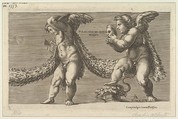Two putti draped with a garland the one at right holding a mask, Cherubino Alberti (Zaccaria Mattia) Italian, Engraving