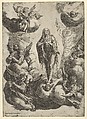 Mary Magdalen standing on clouds, being transported to heaven by angels, Cherubino Alberti (Zaccaria Mattia) Italian, Engraving