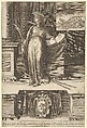Saint Susanna in an interior holding an open book in her left hand, a palm in her right, a landscape visible through a window at right and at bottom center a coat of arms, Cherubino Alberti (Zaccaria Mattia) Italian, Engraving