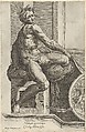 A naked man (Ignudo), twisting towards the right, holding drapery, after Michelangelo's  'The Last Judgment' fresco in the Sistine Chapel, Cherubino Alberti (Zaccaria Mattia)  Italian, Engraving