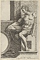 A naked man (Ignudo), seated facing left, holding a piece of fabric, after Michelangelo's  'The Last Judgment' fresco in the Sistine Chapel, Cherubino Alberti (Zaccaria Mattia)  Italian, Engraving