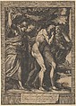 The Expulsion of Adam and Eve with an angel wielding a sword behind them, Cherubino Alberti (Zaccaria Mattia)  Italian, Engraving (reverse copy)