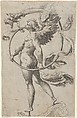 A winged figure of Fame standing facing left and sounding a trumpet, Cherubino Alberti (Zaccaria Mattia) Italian, Engraving, the plate has been cut deleting details from the upper section that are made up in graphite
