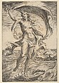 Venus on a half-shell, holding fabric over her head, Cherubino Alberti (Zaccaria Mattia)  Italian, Engraving (reverse copy)