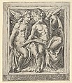Two seated angels, facing left, reading from a song book, from The Angels' Concert, Cherubino Alberti (Zaccaria Mattia) Italian, Engraving (reverse copy)