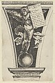 Winged putto holding a dedicatory plaque standing on an orb in an architectural detail, Alexander Mair  German, Engraving (reverse copy)