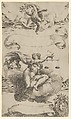 An Allegory of Truth and Justice; a naked woman in the center seated on a cloud holding a set of scales, a putto above, the Medici Coat of Arms at lower right, Cherubino Alberti (Zaccaria Mattia) Italian, Engraving, proof before lettering on the banderoles