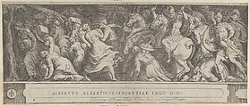The Triumph of Two Roman Emperors (left-hand side) with soldiers on horseback and men, women, and children fleeing, Cherubino Alberti (Zaccaria Mattia)  Italian, Engraving