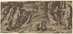 The Israelites fleeing Egypt with Moses at right extending his right hand and with a woman carrying an urn prostrate before him, Cherubino Alberti (Zaccaria Mattia)  Italian, Engraving