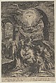 The Birth of Christ, who is held by the Virgin against a penumbra of light, adoring angels, and Joseph leading a donkey at left
, Cherubino Alberti (Zaccaria Mattia) Italian, Engraving