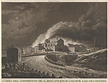 View of the Convent of San José in Saragossa set alight after bombing by the invading French army during the Napoleonic war in Spain, Fernando Brambila  Spanish, Etching and aquatint