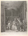 Las Meninas: the family of Philip IV in the foreground with the Infanta Margarita in the centre, Velázquez standing painting at left, the King and Queen reflected in the mirror in the background, Pierre Audouin  French, Engraving