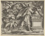 The Sacrifice of Isaac set in a landscape with a flock of sheep at left and an angel guiding Abraham's sword at upper left, Cherubino Alberti (Zaccaria Mattia) Italian, Engraving