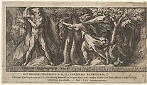 Perseus changing Atlas into a mountan with the head of Medusa, from Perseus and the Golden Apples, Cherubino Alberti (Zaccaria Mattia)  Italian, Engraving