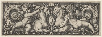 Horizontal Panel with Two Genii Riding on Two Chimeras, Sebald Beham German, Engraving; fourth state of four (Pauli)