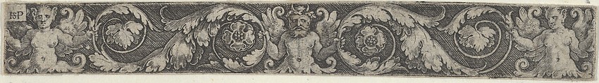 Frieze with a Horned Male Figure at Center with Two Tendrils Held at Either End by Winged Female Figures, Sebald Beham  German, Engraving