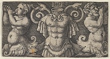 Horizontal Panel with Armour at Center, Flanked by Two Tritons Playing the Horn, Sebald Beham  German, Engraving