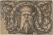 Horizontal Panel with a Bearded Amascaron in a Medallion at Center Surrounded by Tendrils, Sebald Beham  German, Engraving; second state of two (Pauli)