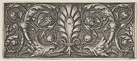 Horizontal Panel with a Central Palmette, Two Dolphins, and Meandering Tendrils, Sebald Beham German, Engraving; first state of two (Pauli)