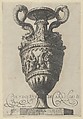 Plate 2: Two-handled vase with a nude figure on a pedestal at center, from "Antique Vases" (Vasa a Polydoro Caravagino), Aegidius Sadeler II  Netherlandish, Etching and engraving; second state of three (Bartsch)