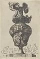 Plate 4: Vase or Ewer with a Frieze containing mermaids and centaurs, and below a lion's head with garlands and ribbons, from "Antique Vases" (Vasa a Polydoro Caravagino), Aegidius Sadeler II  Netherlandish, Etching and engraving; second state of three (Bartsch)