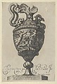 Plate 8: Vase or Ewer Decorated with a Satyr Figure, Behind Two Cornucopias, and Two Winged Victory Figures, from "Antique Vases" (Vasa a Polydoro Caravagino), Aegidius Sadeler II  Netherlandish, Etching and engraving; second state of three (Bartsch)