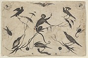 Blackwork Design for Goldsmithwork with Monkey, Birds, and Insects, Mathais Beitler German, Engraving and blackwork
