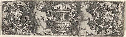 Horizontal Panel with a Half-Length Man and Woman Facing a Vase at Center, Jacob Binck  German, Engraving