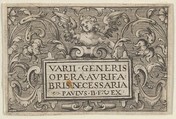 Title Page, from "Varii Generis Opera Aurifabris Necessaria", Paul Birckenhultz  German, Engraving; first of two states (SKB)