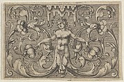 Horizontal Panel with a Female Figure with Leaves as Legs, from "Varii Generis Opera Aurifabris Necessaria", Paul Birckenhultz  German, Engraving; first state of two (SKB)