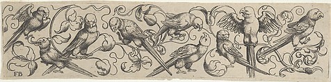 Frieze with Nine Birds Perched on a Vine, Franz Isaac Brun  German, Engraving