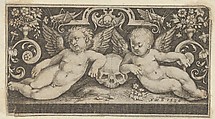 Two Genii with a Skull and Grasshoppers, Nicolaes de Bruyn  Netherlandish, Engraving