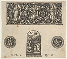 Horizontal Panel with Design for a Thimble with the Annuciation Below a Frieze with Three Figures in Ovals, Johann Theodor de Bry Netherlandish, Engraving and blackwork