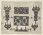 Blackwork Print with Two Horizontal Panels and Five Small Motifs, Hans de Bull German, Blackwork engraving