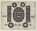 Blackwork Print with Two Vertical Panels Flanking an Oval at Center with Four Small Circles, Hans de Bull German, Blackwork engraving