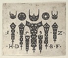 Blackwork Print with a Row of Seven Vertical Fillets Below a Row of Three-Pronged Motifs and Circles, Hans de Bull  German, Blackwork engraving