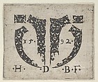 Blackwork Print with Two Small Horizontal Panels Above a Pair of Lunar-Shaped Fillets with Two Motifs at Center, Hans de Bull  German, Blackwork engraving