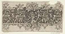 Frieze with Grotesques and a Horned and Bearded Figure Between Strapwork at Center, Theodor de Bry  Netherlandish, Engraving