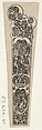 Design for a Knife Handle with a Couple Gathered Around a Fire at Bottom, Johann Theodor de Bry  Netherlandish, Engraving and blackwork