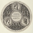 Design for a Dish with Portraits of the Roman Emperors Vetllius, Domitian, and Augustus, Theodor de Bry  Netherlandish, Engraving