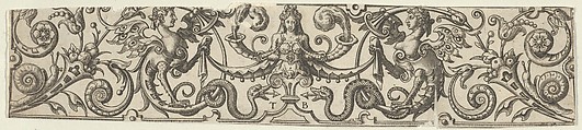 Frieze with Half-Length Female Figure Holding Two Horns at Center, Theodor de Bry  Netherlandish, Engraving