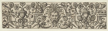 Frieze with a Bearded Mask Wearing a Headdress of Tendrils and Strapwork, Theodor de Bry  Netherlandish, Engraving