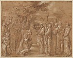 Christ and the Centurion, Anonymous, French, 17th century, Pen and brown ink, brown wash, over red and black chalk, heightened with white