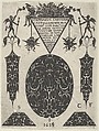 Title Plate with Blackwork Motifs, Trophies and Grotesques, from a Series of Blackwork Prints for Goldsmiths' Work, Etienne Carteron French, Blackwork engraving