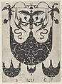 Blackwork Print with a Bezel Supporting Grotesques Above Three Smaller Bezels, from a Series of Blackwork Prints for Goldsmiths' Work, Etienne Carteron French, Blackwork engraving