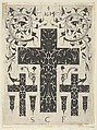 Blackwork Print with Three Crosses and Foliate Scrolls, from a Series of Blackwork Prints for Goldsmiths' Work, Etienne Carteron French, Blackwork engraving