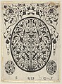 Blackwork Print with Foliate Scrolls in an Oval at Center, from a Series of Blackwork Prints for Goldsmiths' Work, Etienne Carteron French, Blackwork engraving