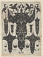 Blackwork Print with Grotesques Fighting on Top of a Large Motif Surrounded by Ten Smaller Motifs, from a Series of Blackwork Prints for Goldsmiths' Work, Etienne Carteron French, Blackwork engraving