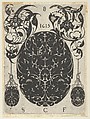 Blackwork Print with an Oval at Center Flanked by Pendants Hanging from Foliate Scrolls, from a Series of Blackwork Prints for Goldsmiths' Work, Etienne Carteron French, Blackwork engraving