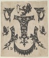 Blackwork Print with Five Ornament Motifs, a Pair of Butterflies and a Grotesque, Hans de Bull  German, Blackwork engraving